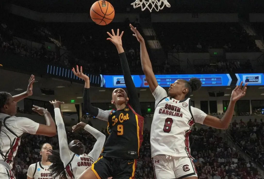 South Carolina forward Joyce Edwards (8) defends the shot by University of Southern California forward Jazzy Davidson (9) Monday, March 23, 2026, after the Gamecocks won in the NCAA Basketball Schedule at Colonial Life Arena in Columbia, South Carolina.