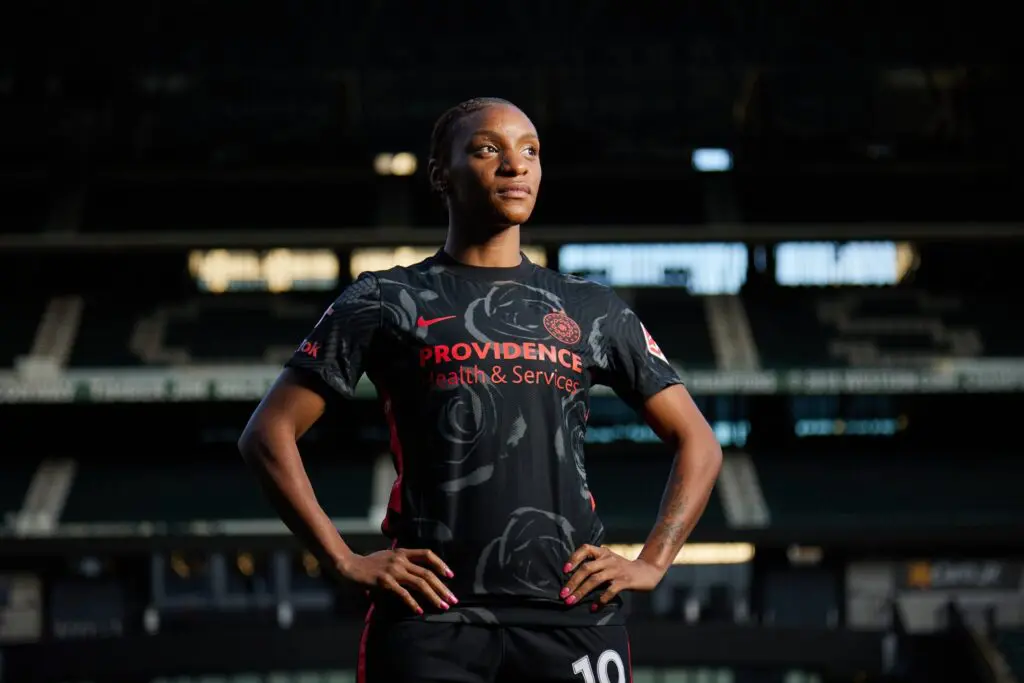 Crystal Dunn in a Thorns uniform.