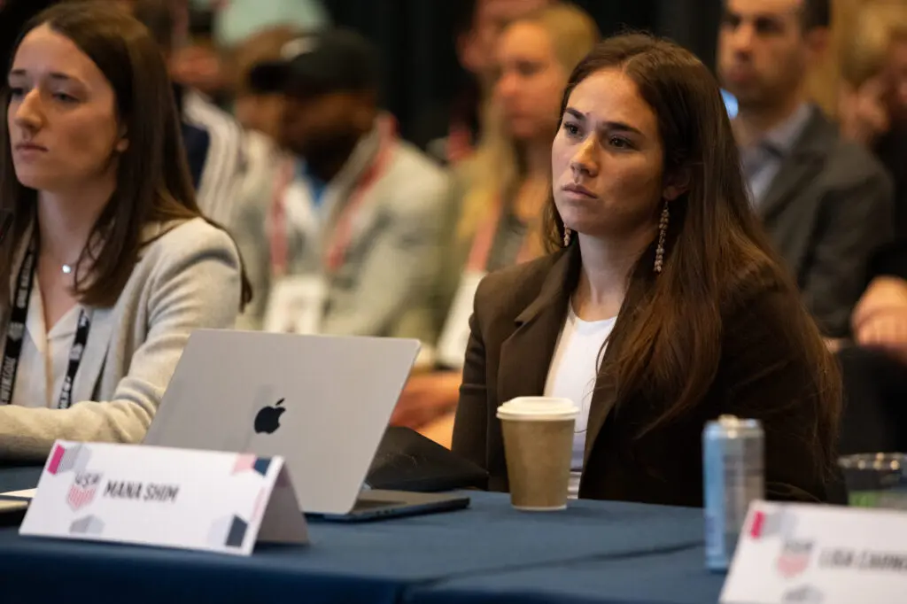 Mana Shim during U.S. Soccer's Annual General Meeting (AGM) on March 17, 2023.