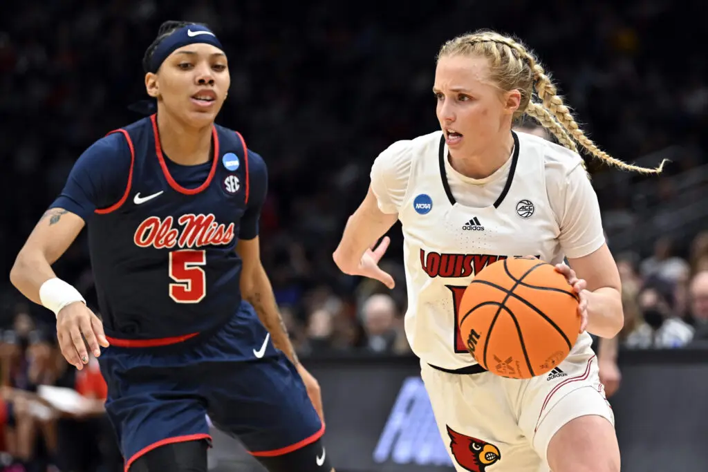 Louisville basketball player Hailey Van Lith competes in the Cardinals' Sweet 16 game against Ole Miss in the 2023 NCAA women's basketball tournament. (Alika Jenner/Getty Images)