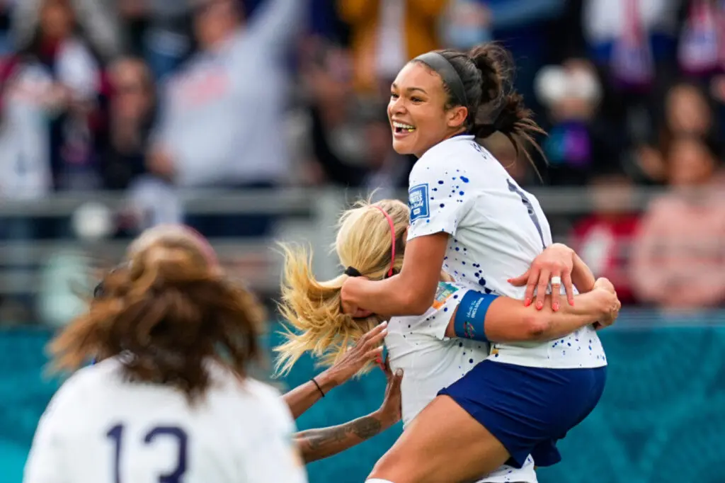 AUCKLAND, NEW ZEALAND - JULY 22: Sophia Smith of USA celebrates the teams first goal during the FIFA Women's World Cup Australia & New Zealand 2023 Group E match between USA and Vietnam at Eden Park on July 22, 2023 in Auckland, New Zealand.
