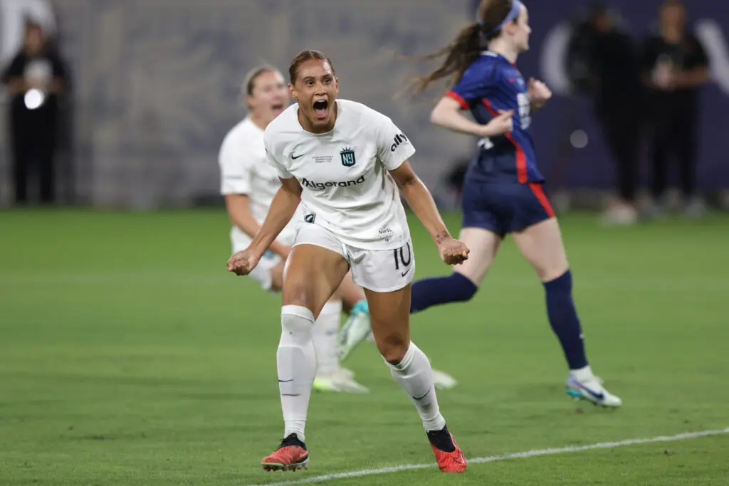 Lynn Williams of NJ/NY Gotham FC celebrates a goal in the first half against the OL Reign during the 2023 NWSL Championship at Snapdragon Stadium.