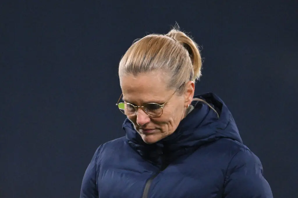 Sarina Wiegman, Head Coach of England, reacts after the UEFA Womens Nations League match between Scotland and England at Hampden Park on December 05, 2023 in Glasgow, Scotland. (Stu Forster/Getty Images)