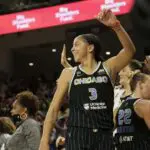 Candace Parker #3 of the Chicago Sky celebrates winning Game Four of the 2021 WNBA Finals on October 17, 2021 at the Wintrust Arena.