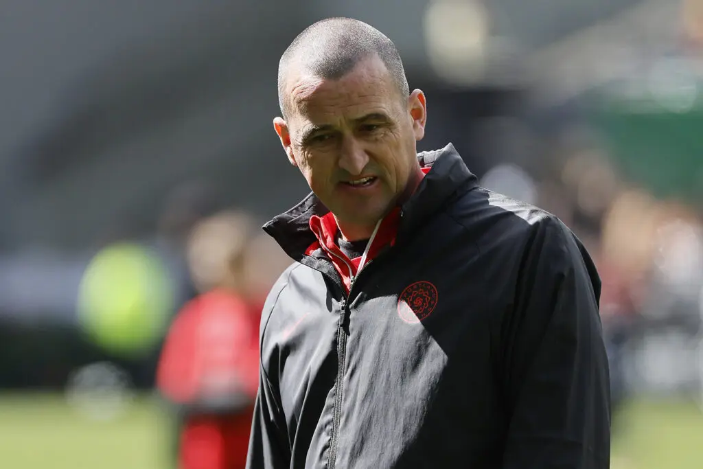 Head coach Mike Norris of Portland Thorns FC watches practice before a 2023 match against Orlando Pride