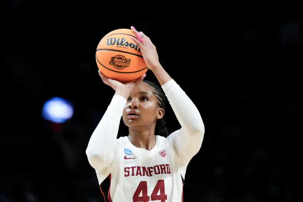Kiki Iriafen #44 of the Stanford Cardinal shoots n the Sweet 16 round of the NCAA Women's Basketball tournament