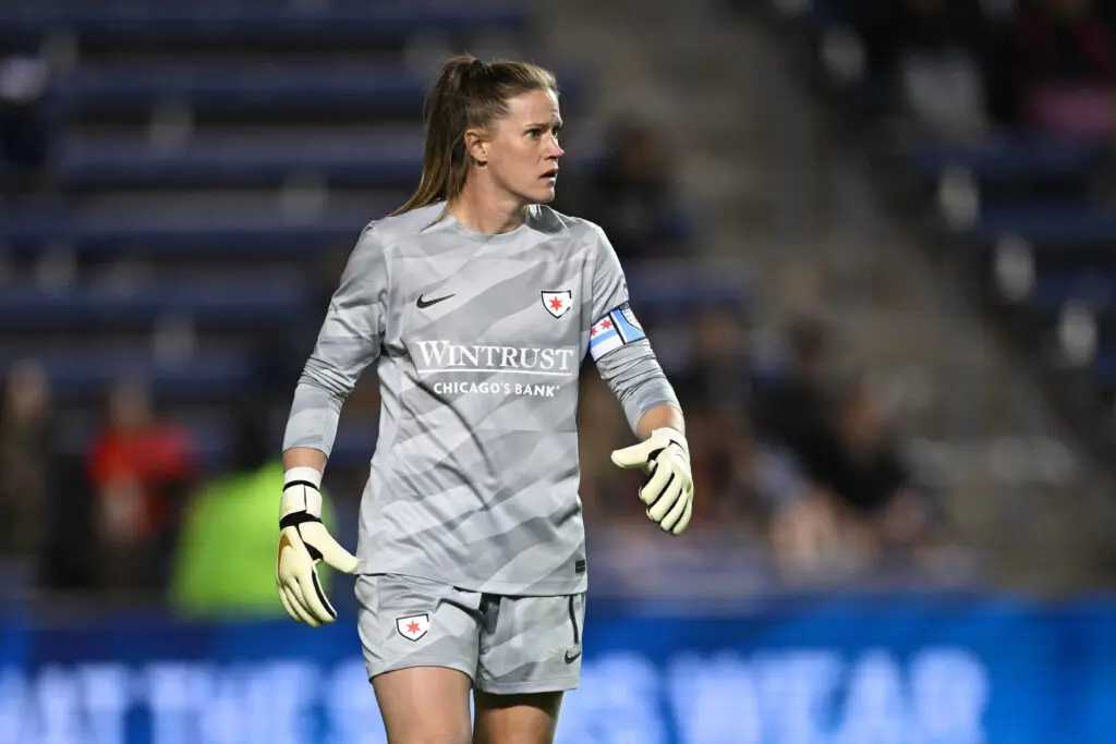 uwnt goalie alyssa naeher wears jersey on the field with club team chicago red stars
