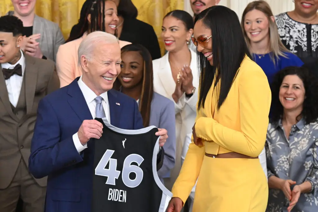 president biden with las vegas aces a'ja wilson at white house 2023 wnba championship celebration