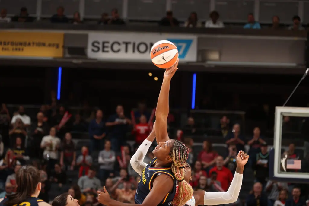 tip-off between Aliyah Boston #7 of the Indiana Fever & Cheyenne Parker-Tyus #32 of the Atlanta Dream during the WNBA preseason