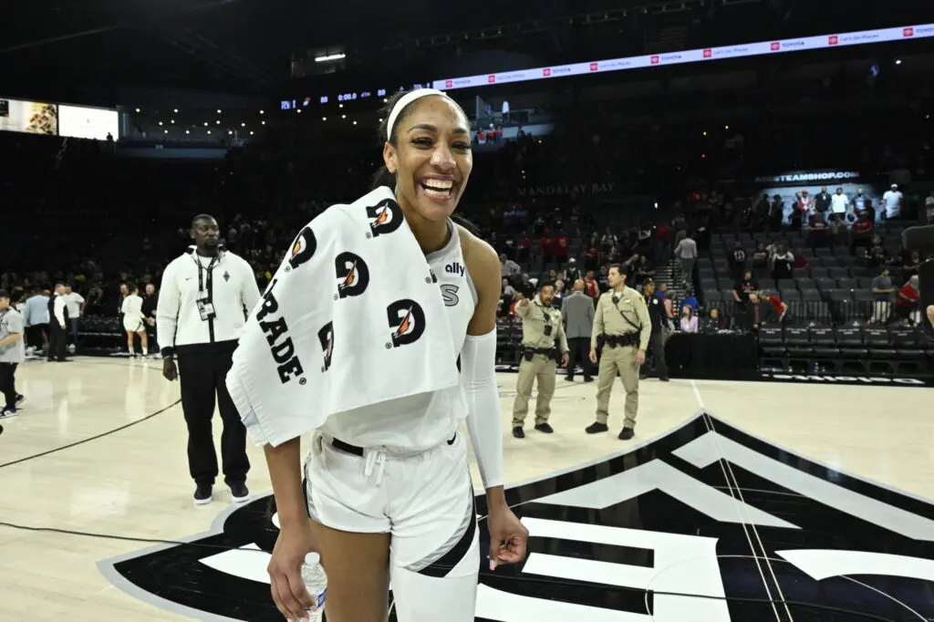 A'ja Wilson of the Las Vegas Aces smiles after the game against the Phoenix Mercury