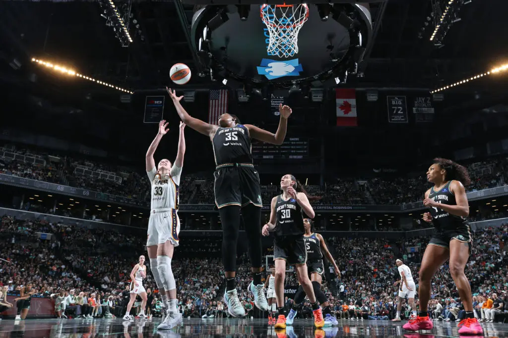 onquel Jones #35 of the New York Liberty rebounds during the game against the Indiana Fever on May 18, 2024 at Barclays Center in Brooklyn