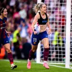 Barcelona's Aitana Bonmatí and Alexia Putellas celebrating after beating OL Lyonnes at the 2024 Champions League final ahead of the 2025/26 UWCL Barcelona vs Lyonnes final.