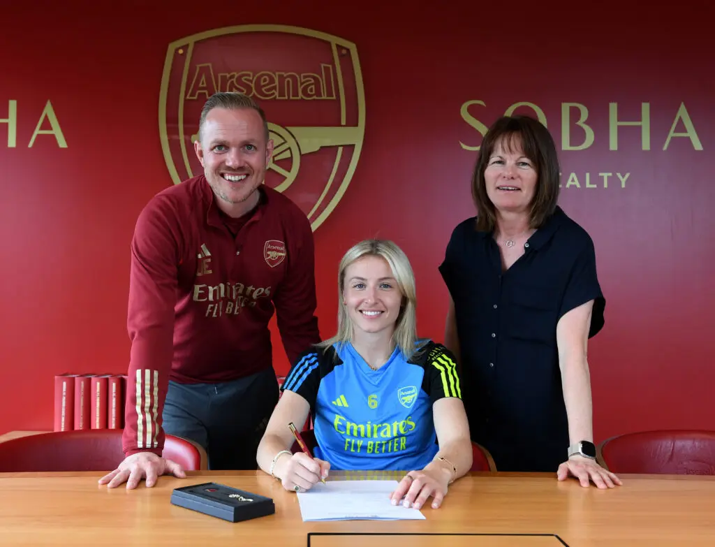 Leah Williamson signs a new contract with Arsenal Women with Jonas Eidevall the Arsenal Women's Head Coach and Clare Wheatley the Arsenal's Head of Women's Football