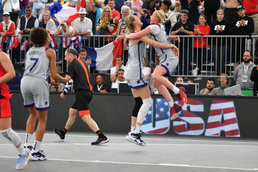 Team USA 3x3 Basketball celebrate victory during the women final match between the USA and France on Day 6 of the FIBA 3x3 World cup