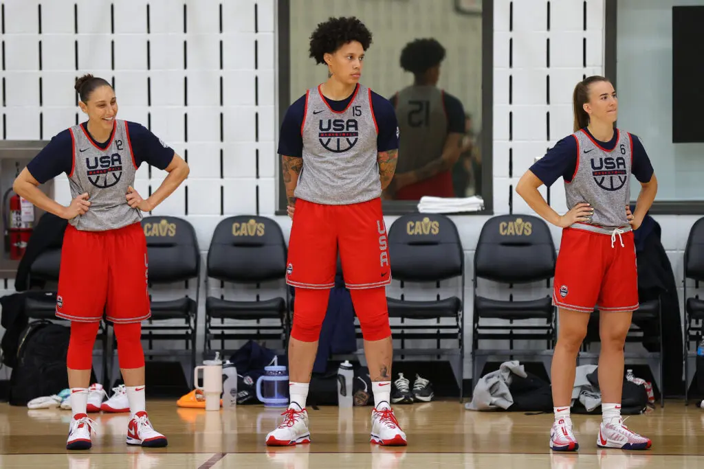 USA Women's Basketball's Diana Taurasi #12, Brittney Griner #15 and Sabrina Ionescu #6 at April's National Team Training Camp
