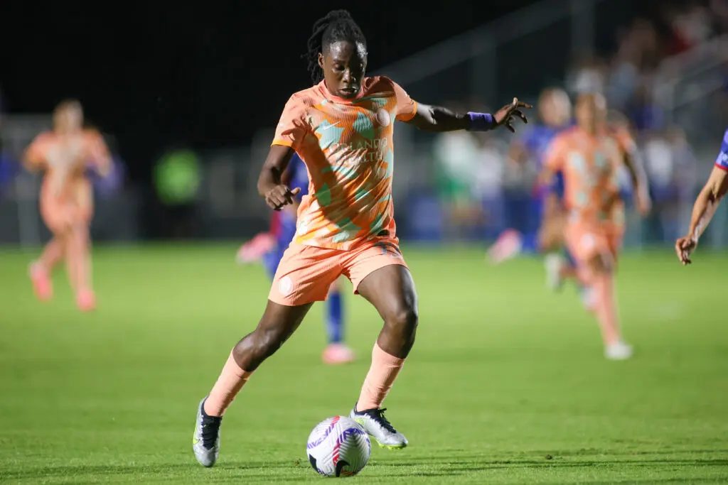 NWSL Orlando Pride forward and BBC Footballer of the Year nominee Barbra Banda in action during a NWSL match against Seattle Reign.