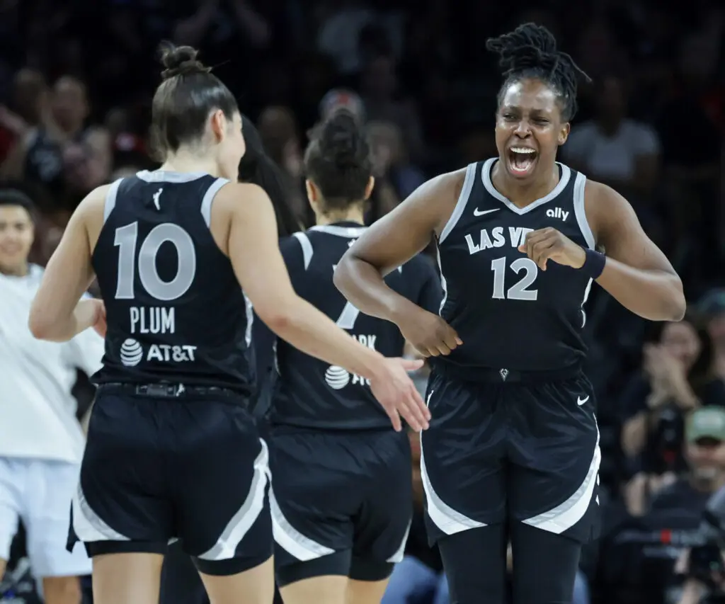 las vegas aces chelsea gray and kelsey plum celebrate a win over the seattle storm