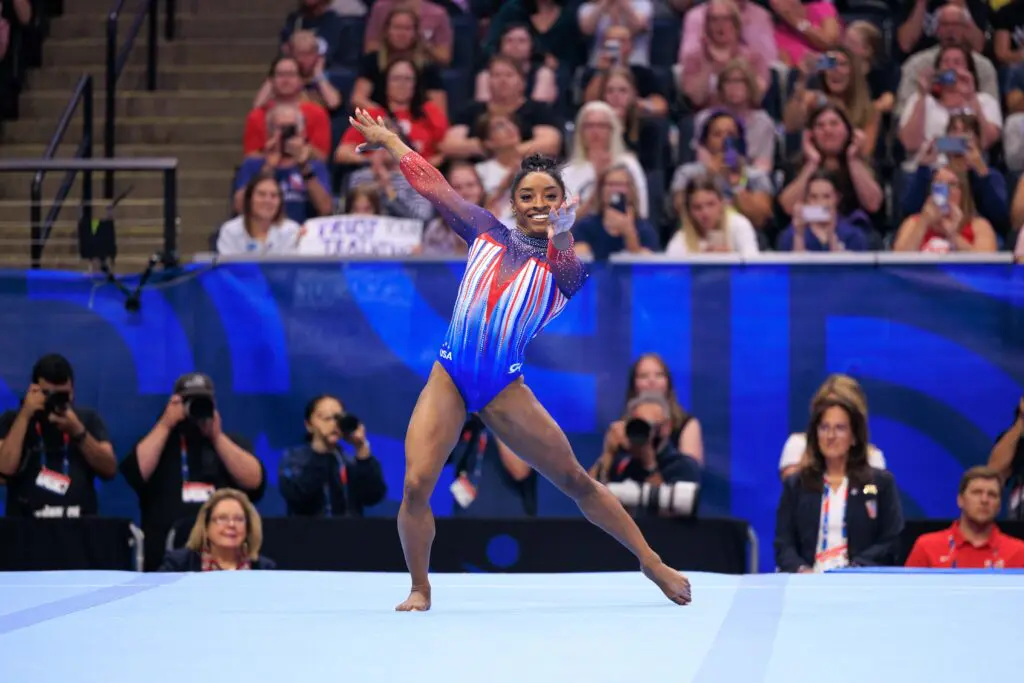Simone Biles competes in the floor exercise at the 2024 US Olympic Gymnastics Trials