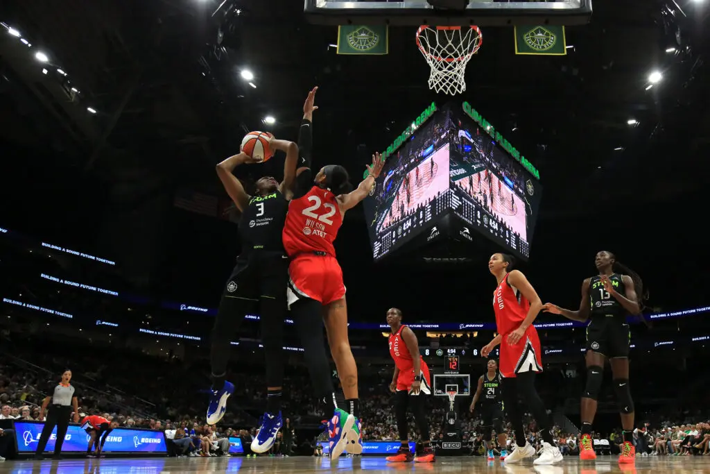 WNBA Las Vegas Aces A'ja Wilson blocks Nneka Ogwumike of the Seattle Storm