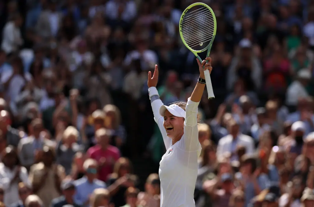 Barbora Krejcikova of Czechia celebrates winning the Wimbledon Championship against Jasmine Paolini of Italy