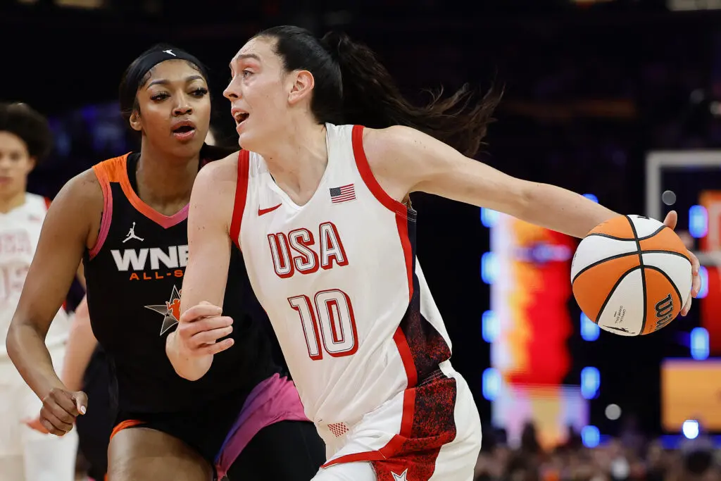 Team USA's Breanna Stewart drives to the rim over Team WNBA's Angel Reese during Saturday's 2024 WNBA All-Star Game.