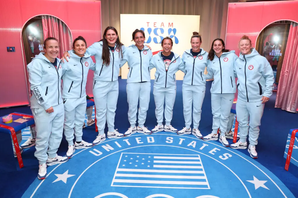 USA rugby's Kristi Kirshe, Nicole Heavirland, Ilona Maher, Sarah Levy, Alena Olsen, Lauren Doyle, Kayla Canett and Alev Kelter at the paris olympics