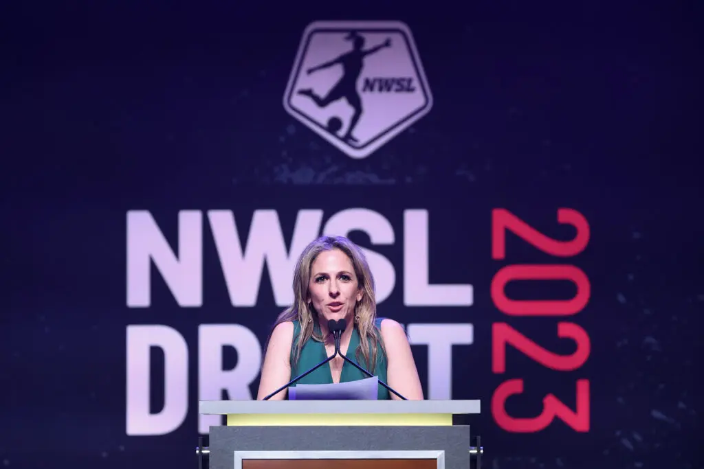 NWSL commissioner Jessica Berman speaks at the 2023 college draft.