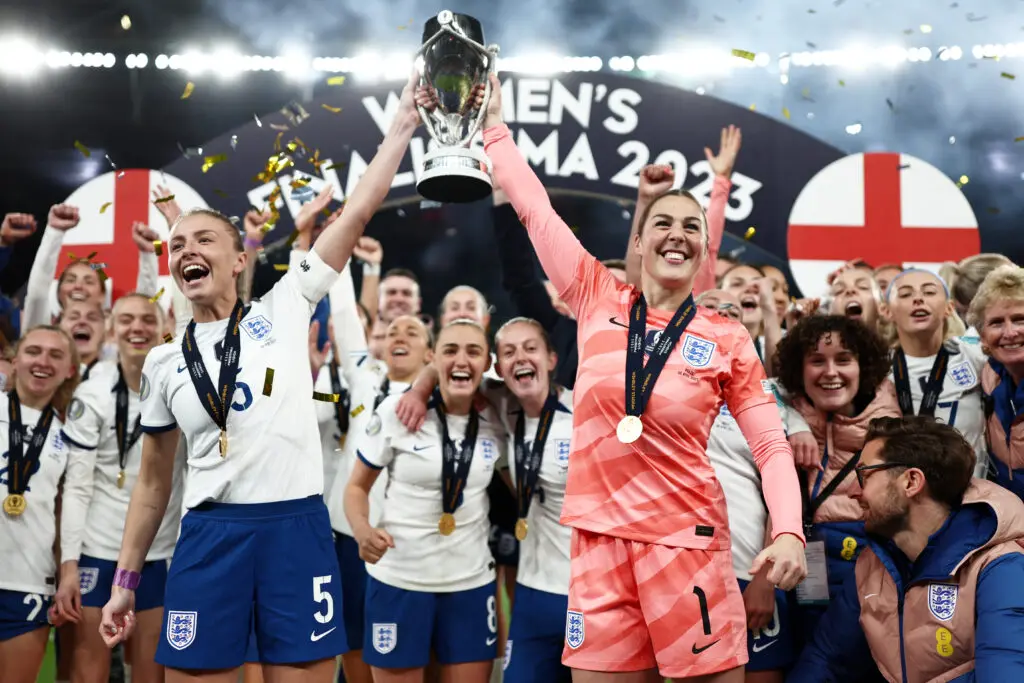 Arsenal soccer player Leah Williamson and Paris Saint-Germain player Mary Earps of England national team at Women's Finalissima 2023