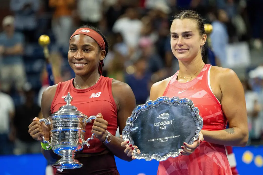 2023 US Open champion Coco Gauff and runner-up Aryna Sabalenka pose with their awards