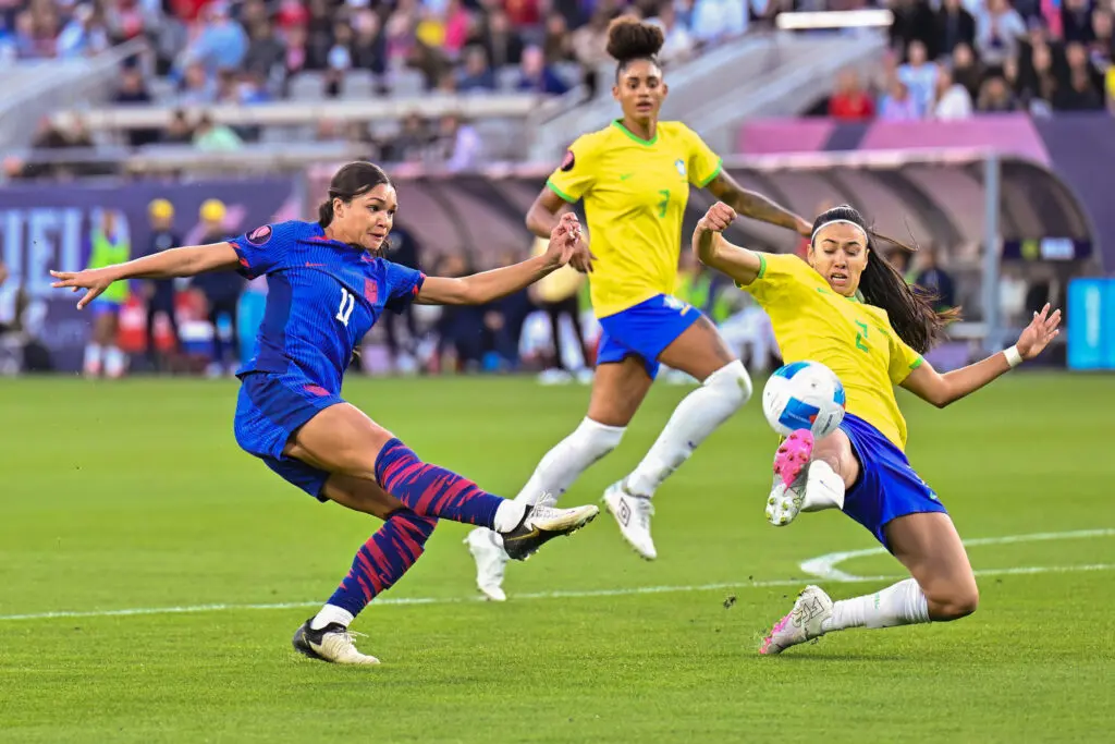 Sophia Smith takes a shot in the USWNT's defeat of Brazil in the 2024 Concacaf W Gold Cup final