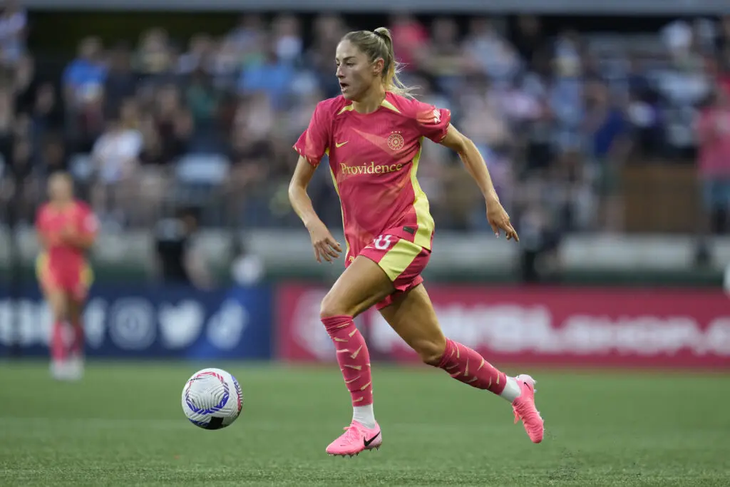 NWSL player Janine Beckie on the field for the Portland Thorns before her trade to Louisville