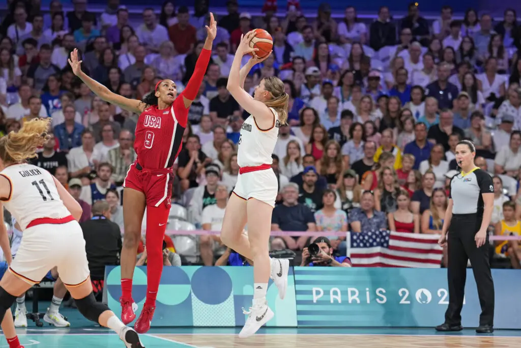 Team USA forward A'ja Wilson blocks a shot against Germany at the Olympics