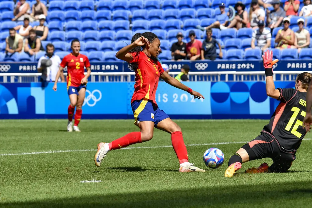 Spain attacker Salma Paralluelo goes up against Germany goalie Ann-Katrin Berger at the Olympic Women's Bronze Medal match 