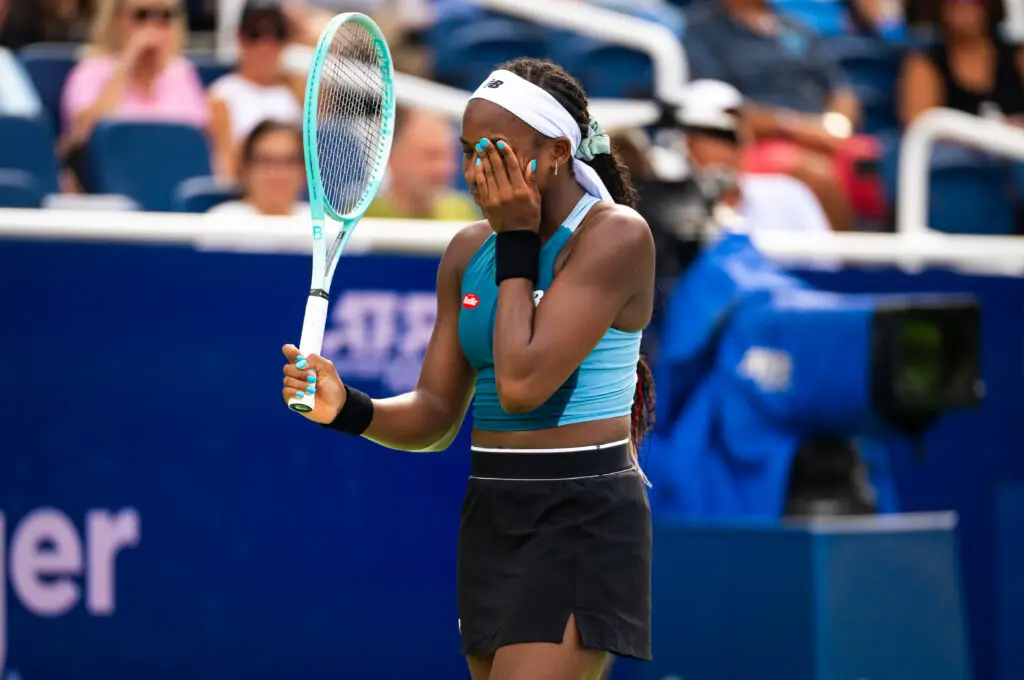 Coco Gauff reacts to a rally in her Round of 32 loss to Yulia Putintseva at the Cincinnati Open