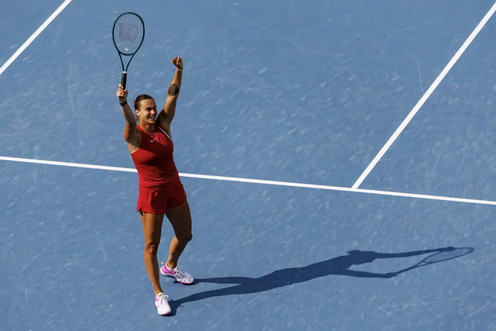 Aryna Sabalenka of Belarus celebrates her victory over Jessica Pegula at the Cincinnati Open