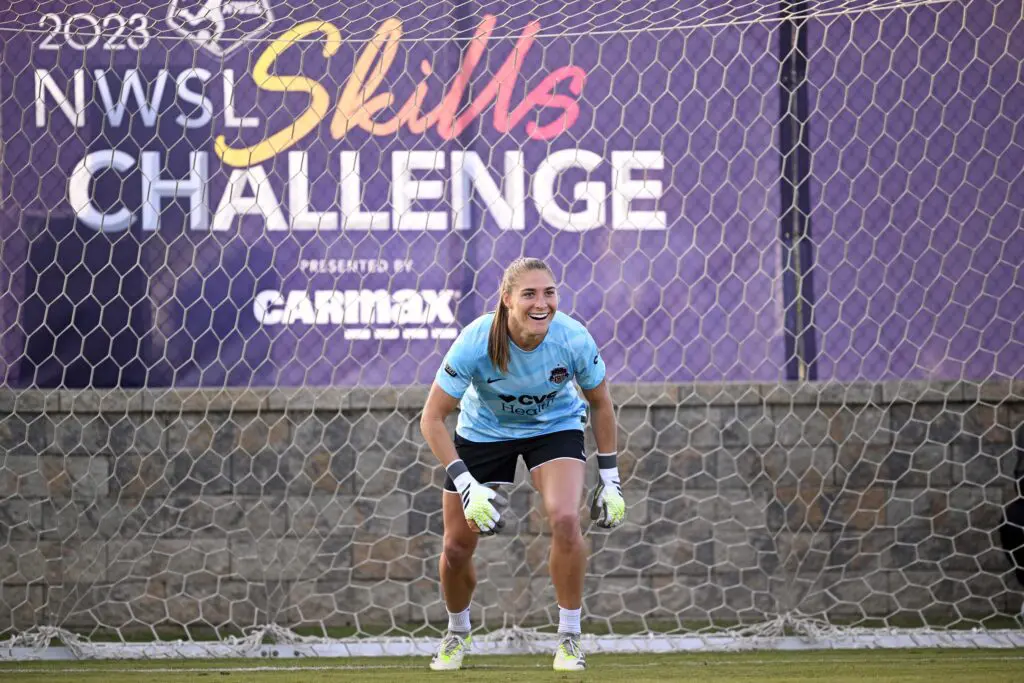 Washington goalkeeper Aubrey Kingsbury smiles during the Shootout event at the 2023 NWSL Skills Challenge.