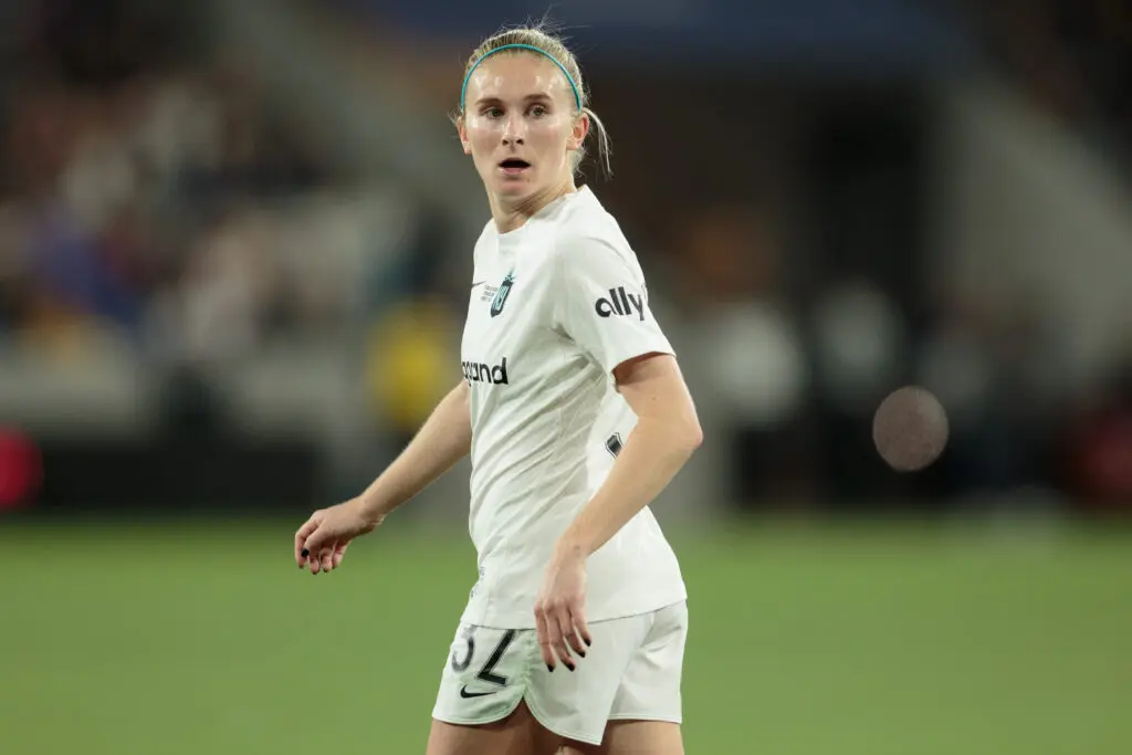 Former Gotham FC midfielder and new Arsenal signing Jenna Nighswonger looks on during an NWSL game.