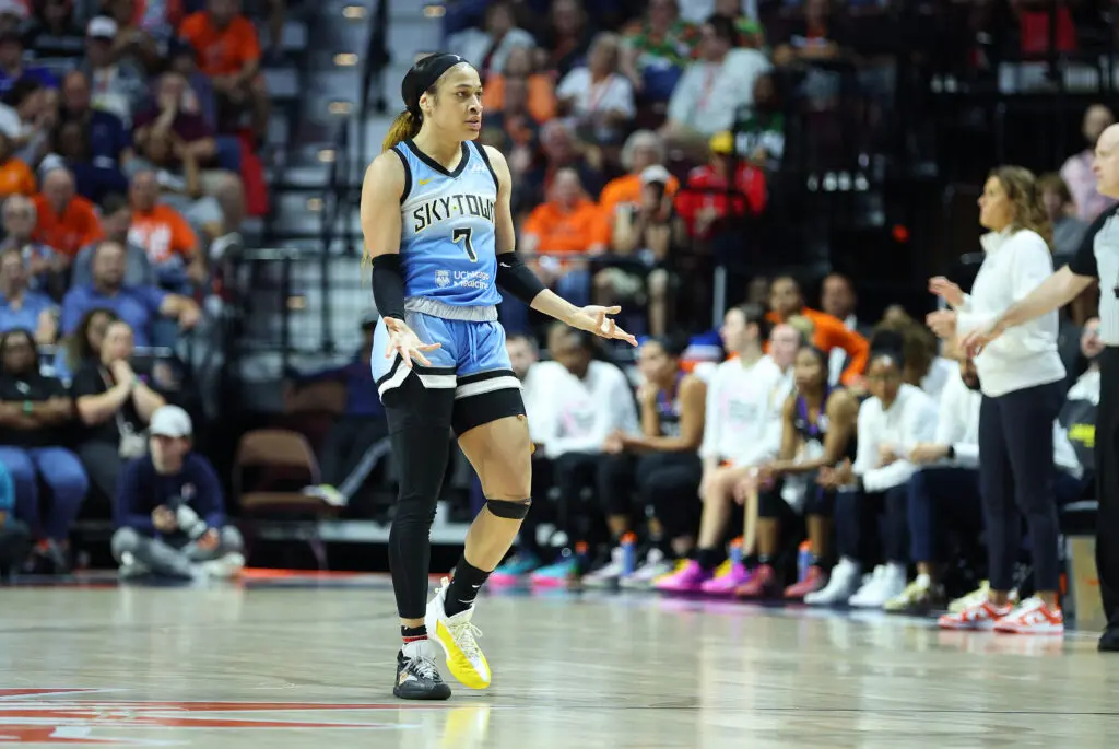 Chicago Sky guard Chennedy Carter reacts to a play during a 2024 WNBA game.