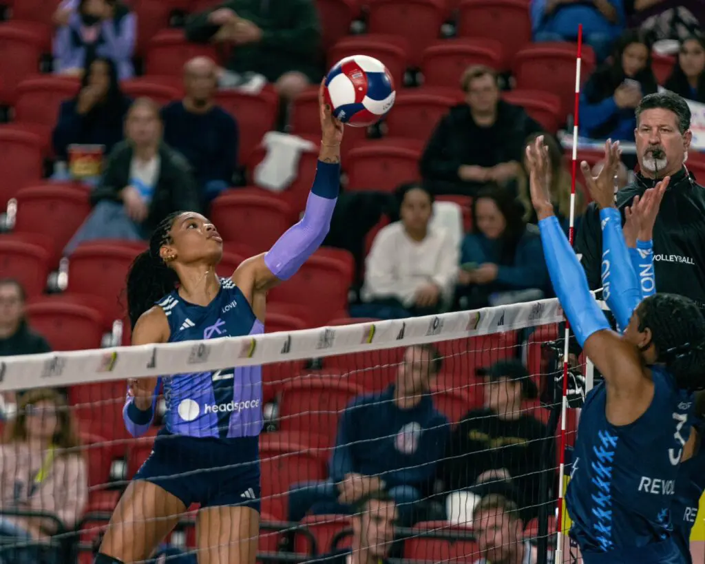 LOVB Austin outside hitter Leah Hardeman taps the ball over in a scrimmage against LOVB Houston last month.