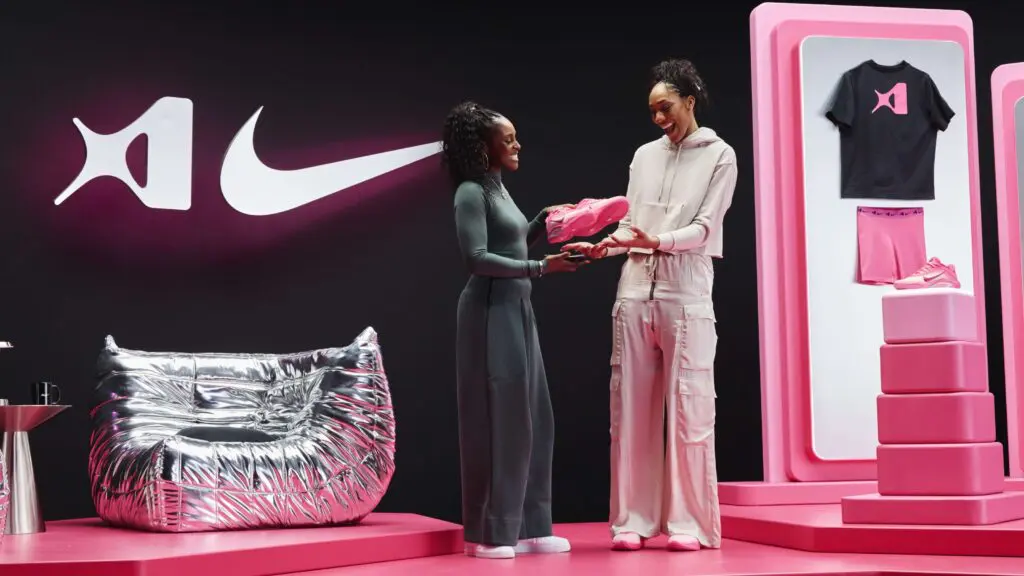 A'ja Wilson and actor Issa Rae laugh during an A'One Nike signature shoe event in Columbia, South Carolina.