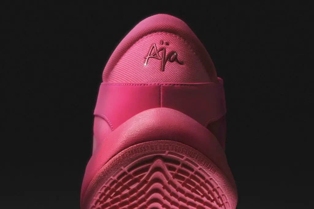 A rear view of the A'One sneakers, with Wilson's "Weakness, weakness. We don’t have time for that." quote along the heel.