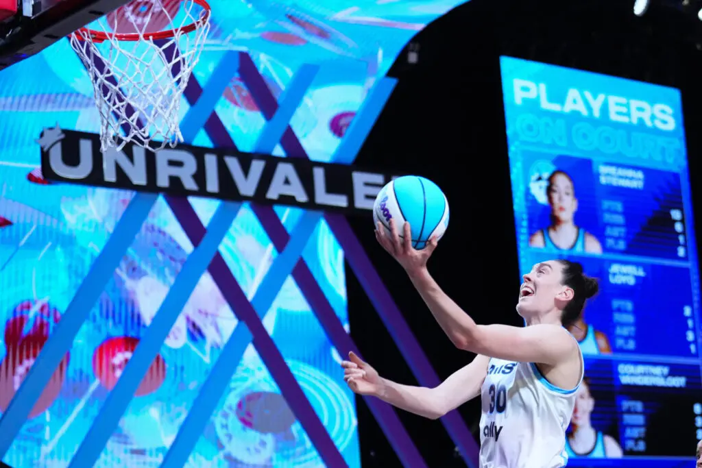 Mist star Breanna Stewart lays up a shot during a 2025 Unrivaled game.