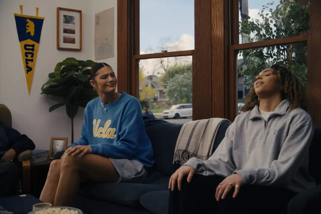 Still from AT&T March Madness ad starring UCLA stars Kiki Rice and Lauren Betts.