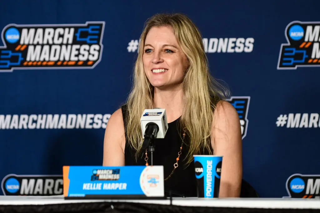 Then-Tennessee head coach Kellie Harper talks to the media during a press conference after a 2023 March Madness game.
