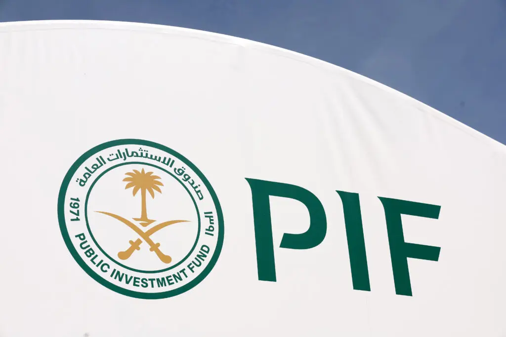 The logo for Saudi Arabia's Public Investment Fund welcomes fans to the 2024 BNP Paribas Open at Indian Wells.