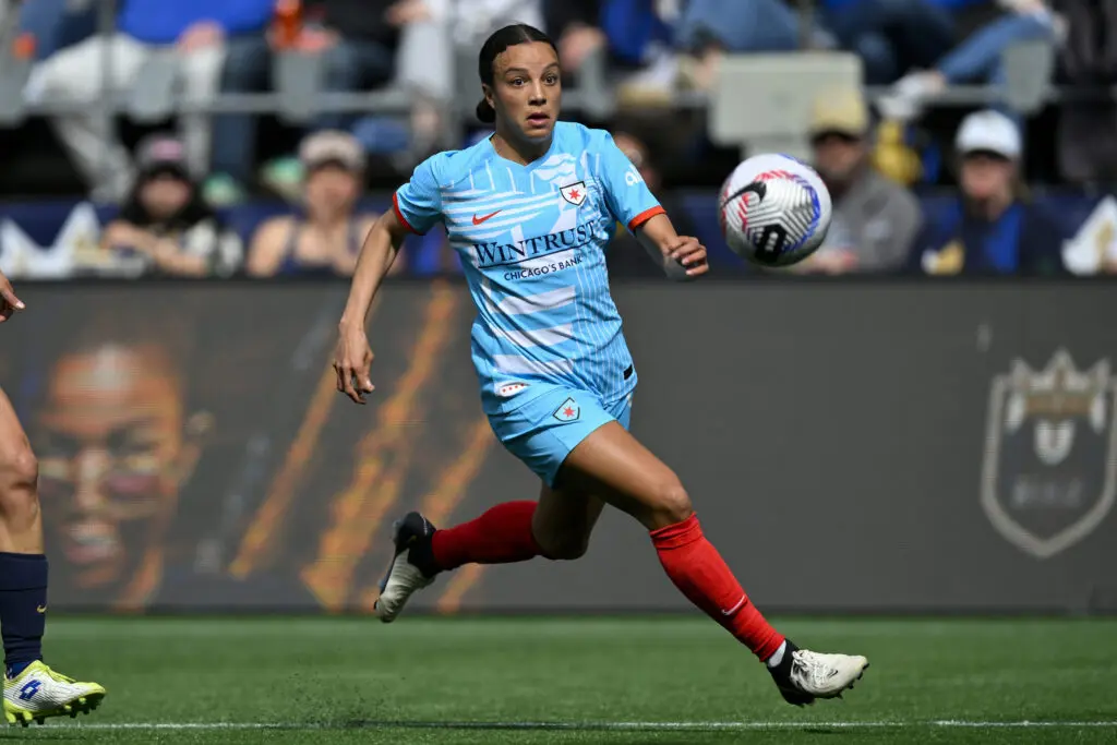Chicago's Mallory Swanson chases down the ball during a 2024 NWSL game.