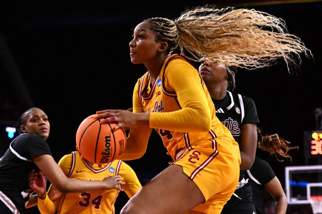 WNBA rookie Kiki Iriafen #44 of the USC Trojans drives to the basket against the Mississippi State Bulldogs during the Second Round of the 2025 NCAA Women's Basketball Tournament held at Galen Center on March 24, 2025 in Los Angeles, California.