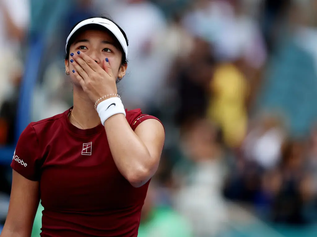 Teen wild card Alexandra Eala reacts after defeating No. 2 Iga Świątek in the 2025 Miami Open quarterfinals.