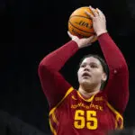Iowa State Cyclones center Audi Crooks (55) shoots a free throw against the Baylor Lady Bears in the second half at T-Mobile Center. Mandatory Credit: Amy Kontras-Imagn Images