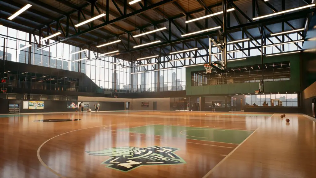 Interior rendering of basketball court inside the Liberty training center.